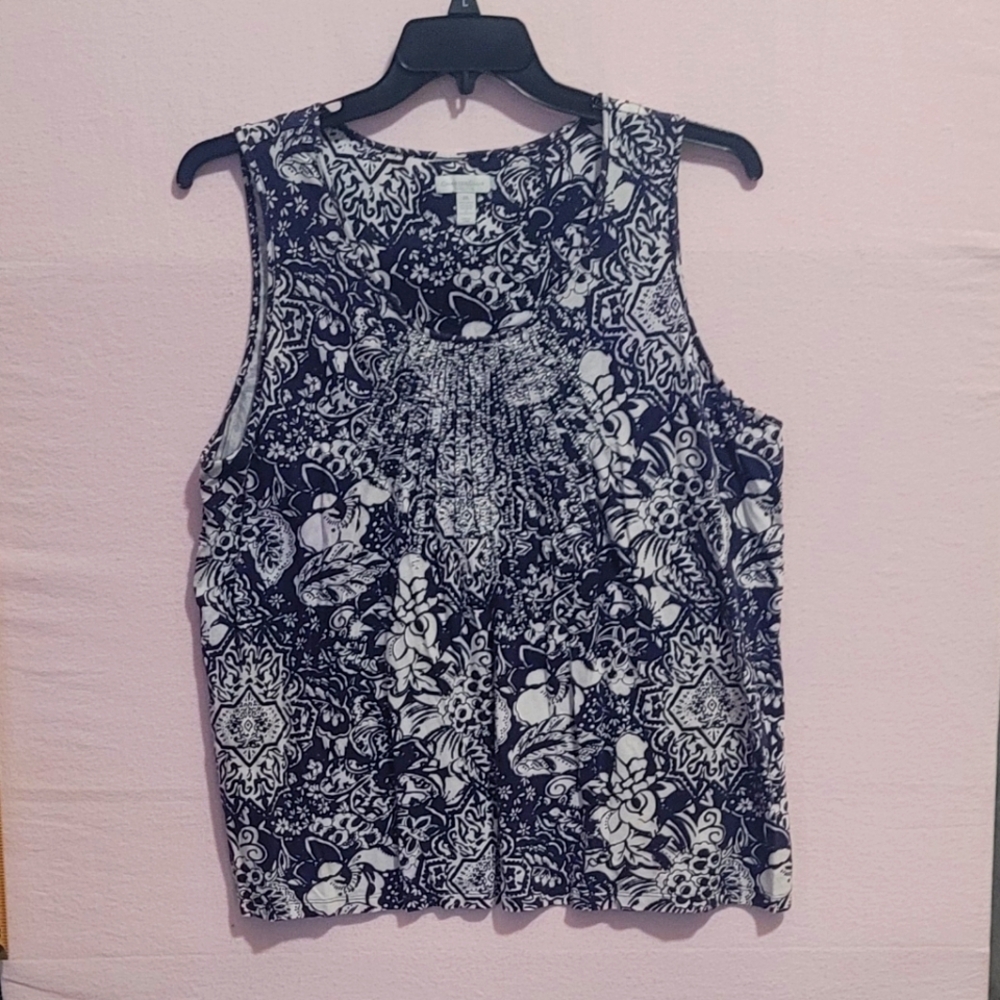 Women's XXL Tank Top, CHARTER CLUB Blue White Silver Glitter w/Pleats in front
